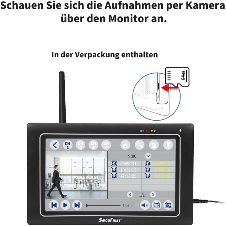 SecuFirst 2K Überwachungskamera Aussen mit Innen Monitor,7" Sensorbildschirm NVR + 2X Outdoor Kamera