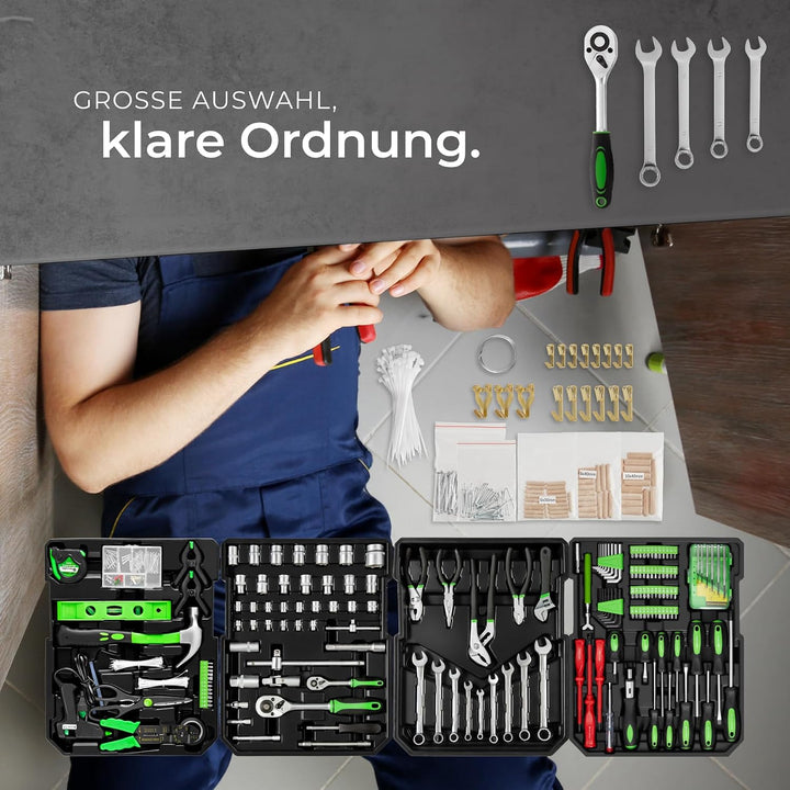 tectake Werkzeugkoffer, Werkzeugset, Werkzeugkoffer gefüllt 1200-teilig, Werkzeugtrolley, Werkzeugki