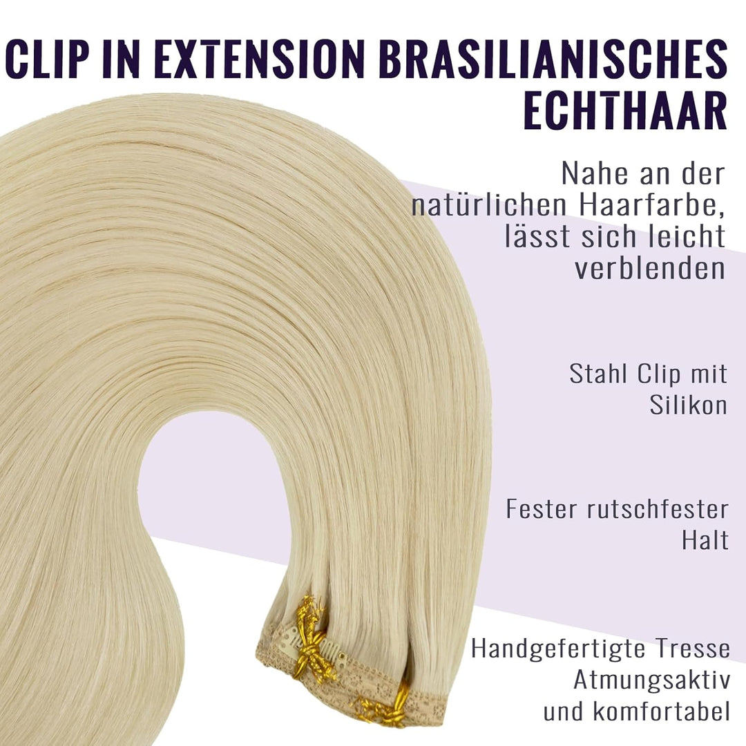 Fshine Clip in Extensions Echthaar 45cm Extensions Faber Platinblond Voller Kopf Remy Haarverlängeru