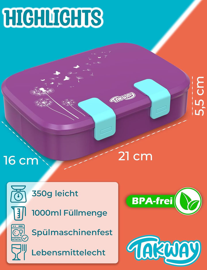 Brotdose Kinder mit Fächern - Bento Box Lunchbox BPA Frei - robust & leicht zu öffnen (Pusteblume),