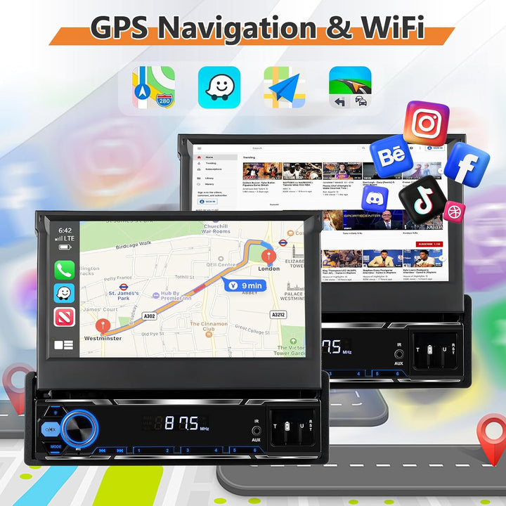 Single Din 4GB+64GB Autoradio mit kabellosem CarPlay Android Auto, 7" Flip Out 1 Din Car Stereo mit