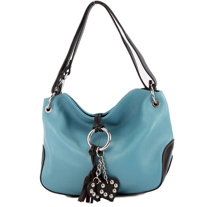 modamoda de - T10 - ital. Leder Schultertasche Umhängetasche Pastellblau/Dunkelbraun, Pastellblau/Du