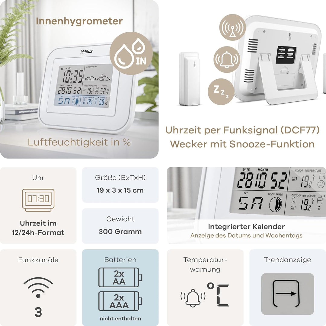Mebus Funk-Wetterstation mit Aussensensor, Komfort-Indikator, Anzeige von Temperatur, Luftfeuchtigke