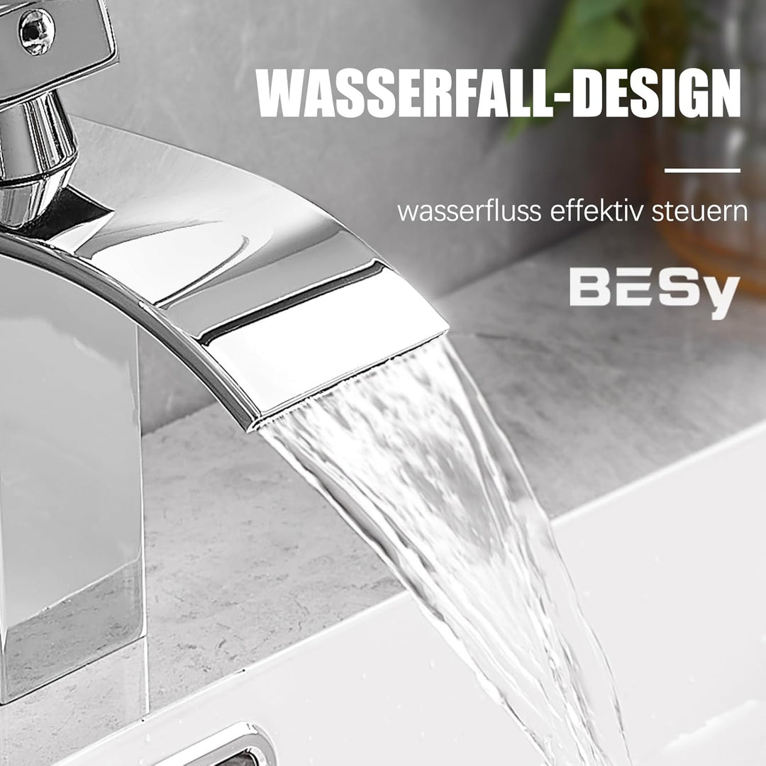 BESy Wasserfall Waschtischarmatur aus Edelstahl, Waschbecken Wasserhahn mit Auslauf Höhe 82mm, Einhe