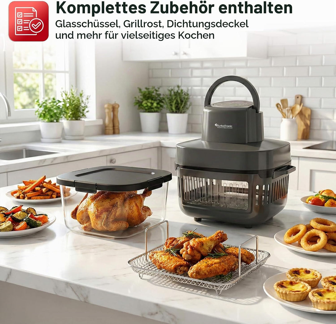 TurboTronic Heissluftfritteuse 6 L - AFG6-1600 W Glas Airfryer – Digitale Heissluft Fritteuse 50–180