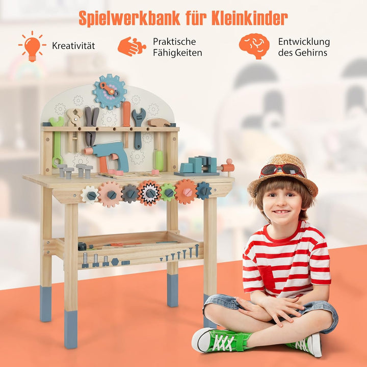 COSTWAY Werkzeugbank für Kinder, Spielwerkbank Holz mit magnetischem Gestell, Ablageregal & Zubehör,
