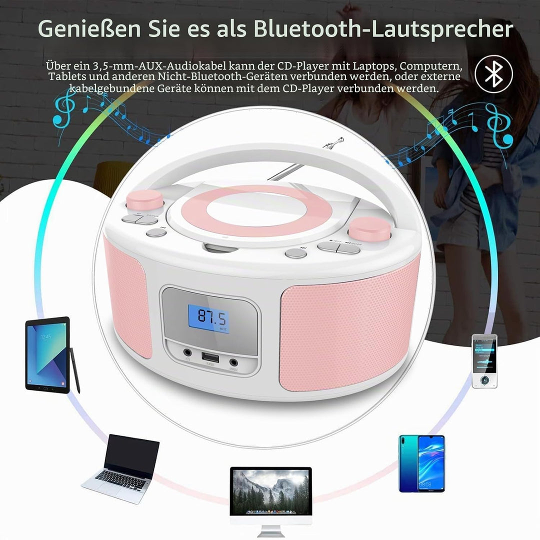 Tragbarer CD-Player Boombox mit Bluetooth | Fernsteuerung | FM-Radio | USB | MP3-Wiedergabe | Kompat