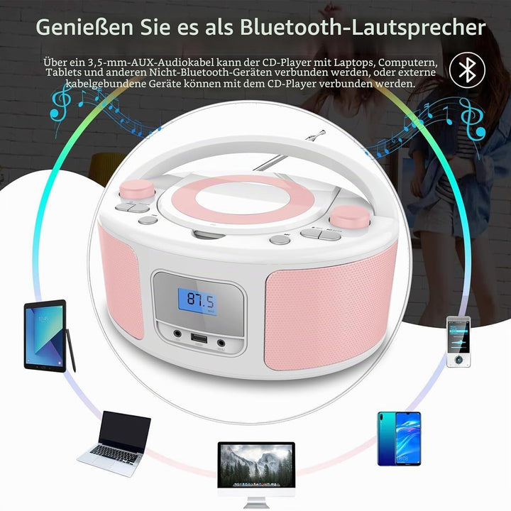 Tragbarer CD-Player Boombox mit Bluetooth | Fernsteuerung | FM-Radio | USB | MP3-Wiedergabe | Kompat
