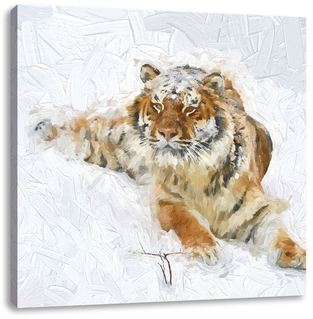 Pixxprint Amur Tiger im Schnee als Leinwandbild | Grösse: 70x70 cm | Wandbild | Kunstdruck | fertig