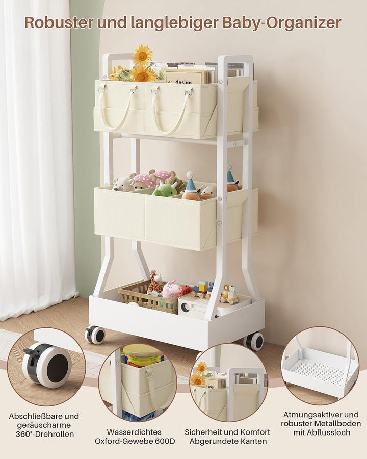 Wickeltisch Organizer, 3 Etagen Wickeltisch Rollwagen mit Abnehmbar Wickelkorb, 2 in1 Baby-Windelwag