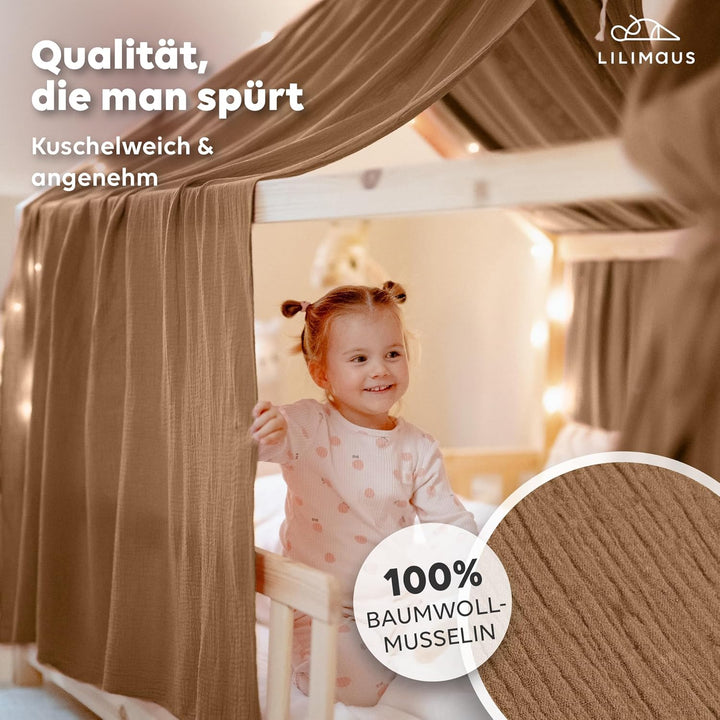 lilimaus Hausbett Himmel [Braun] - Betthimmel Hausbett aus 100% Baumwolle Musselin Handmade - Stoffh