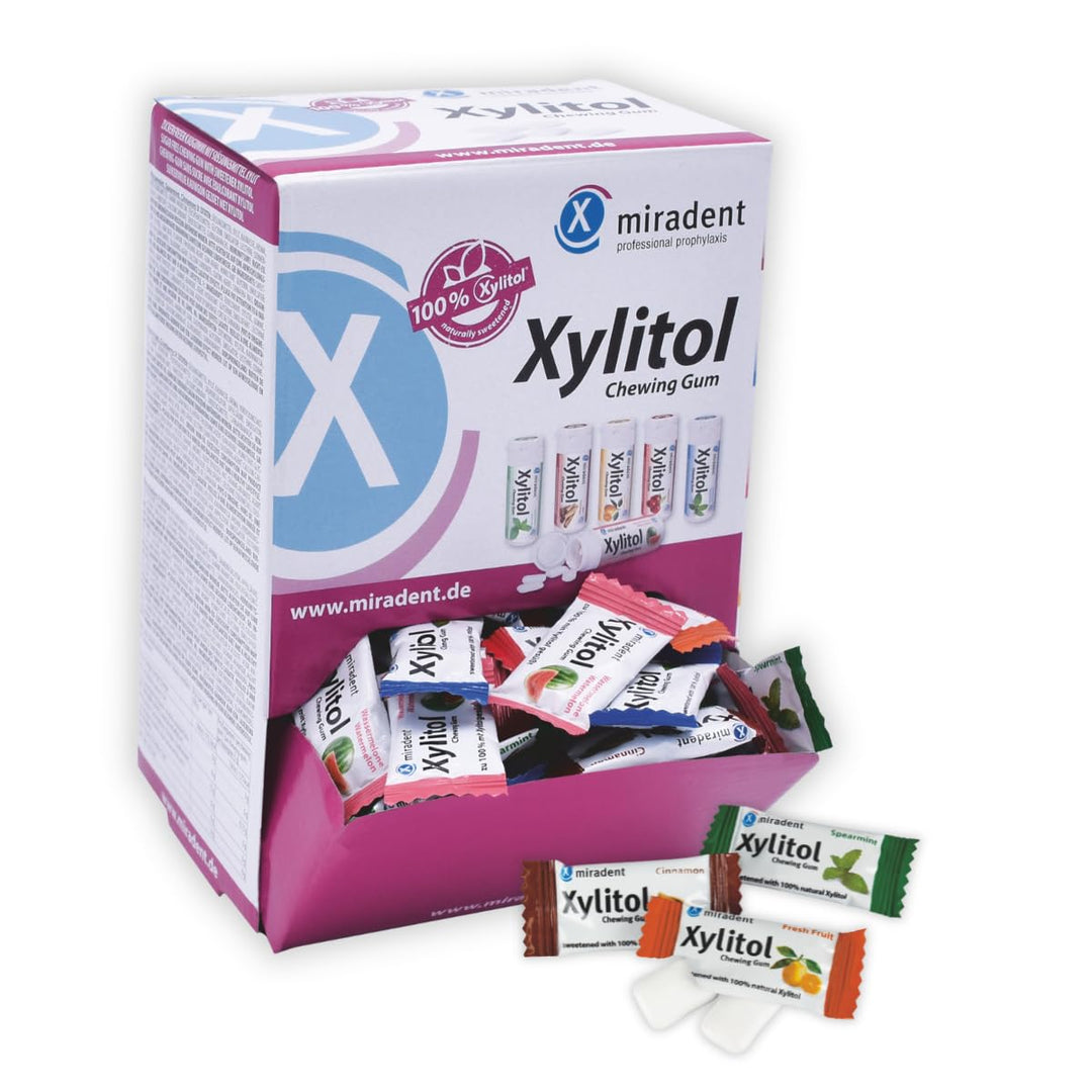 miradent Xylitol Kaugummi Schüttbox | 200x Veganes Xylit Kaugummi | Zahnpflegekaugummi für Kinder &