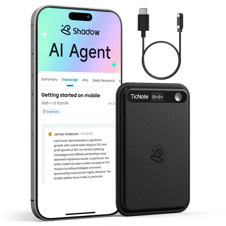 Mobvoi TicNote Lite KI Sprachrekorder 4 GB, KI-Notizgerät m. Echtzeit-Transkription & Zusammenfassun