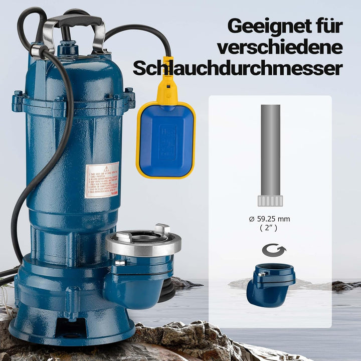 Wiltec Schmutzwasserpumpe 1500W 22800l/h mit Schwimmerschalter max. Förderhöhe 10m mit 20m Schlauch