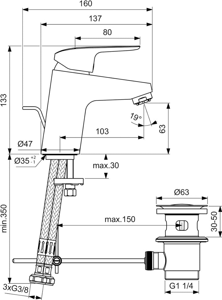 Ideal Standard B1838AA Ceraflex Waschtischarmatur mit Ablauf, Niederdruck, Bad-Wasserhahn mit Auslau