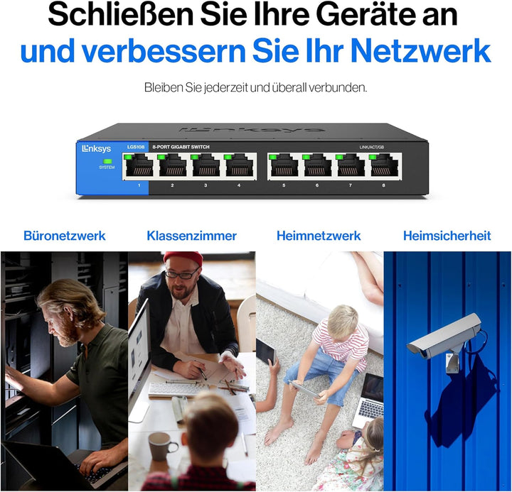 Linksys LGS108-EU 8-Port Unmanaged Gigabit-Netzwerk-Switch – Ethernet-Switch/Hub mit Metallgehäuse,
