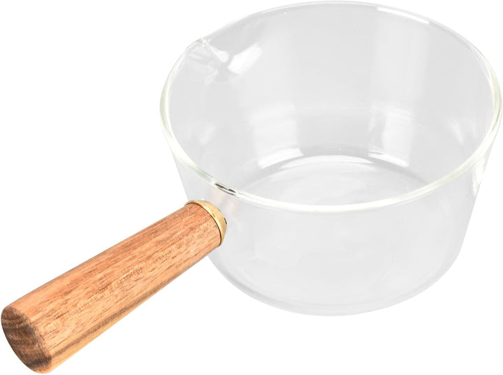 Milchtopf aus Glas mit V-Ausguss und Holzgriff, 400ml, Hitzebeständig, für Milch, Sossen, Nudeln, 40