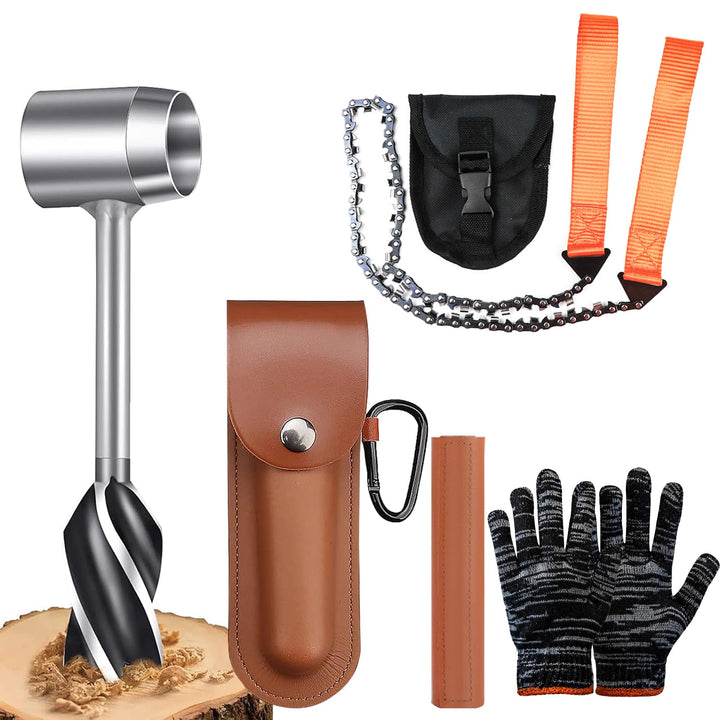 WhaleO Handbohrer Holz Handbohrmaschine mit Lederhülle, Handbohrer Bushcraft Manueller Überlebensboh