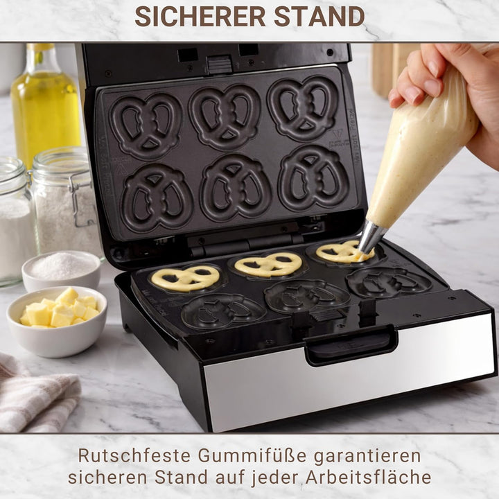 Syntrox Mini Brezel Maker mit Wechselplatten, Edelstahl, schnelles Aufheizen, Antihaftbeschichtet, v