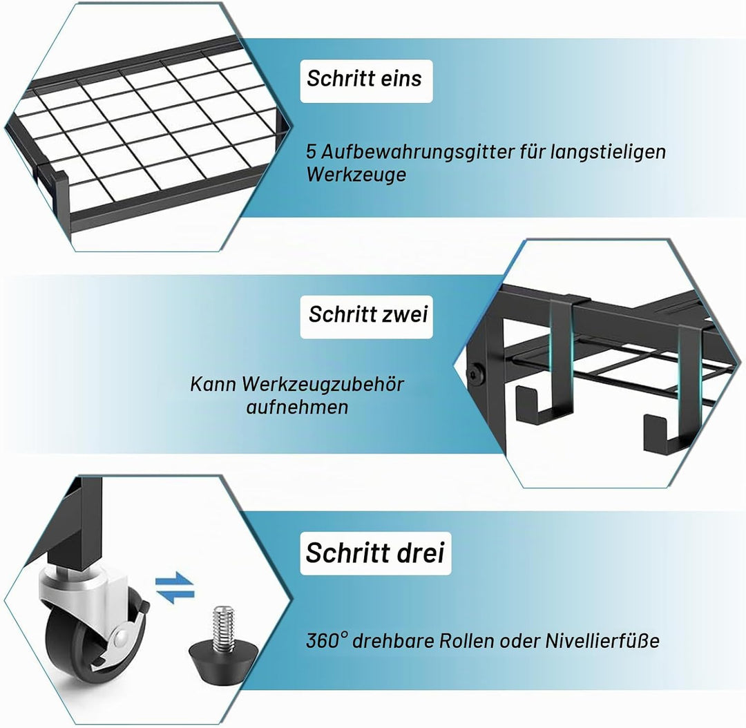 Gartenwerkzeug Organizer 3-stufig,Yard Tool Tower Rack,Garten Werkzeugregal mit 3 Beweglichen Haken