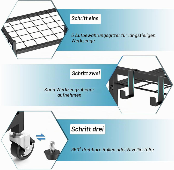 Gartenwerkzeug Organizer 3-stufig,Yard Tool Tower Rack,Garten Werkzeugregal mit 3 Beweglichen Haken