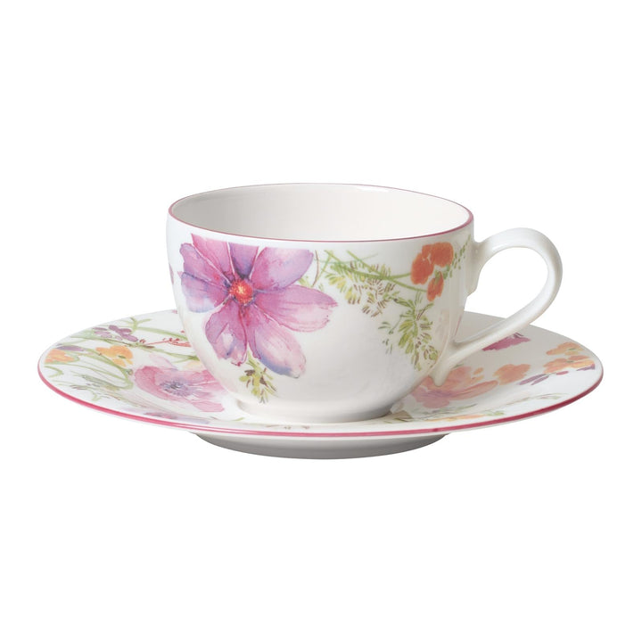 Villeroy & Boch Mariefleur Basic Kaffeetasse mit Untertasse, 250 ml, Kaffee-Set mit floralem Blumen-