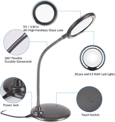 5x Lupe Mit Licht und StäNder, Wiederaufladbare, Dimmbare Led-Lupe, Tischlupe Mit Led-Beleuchtung Fü