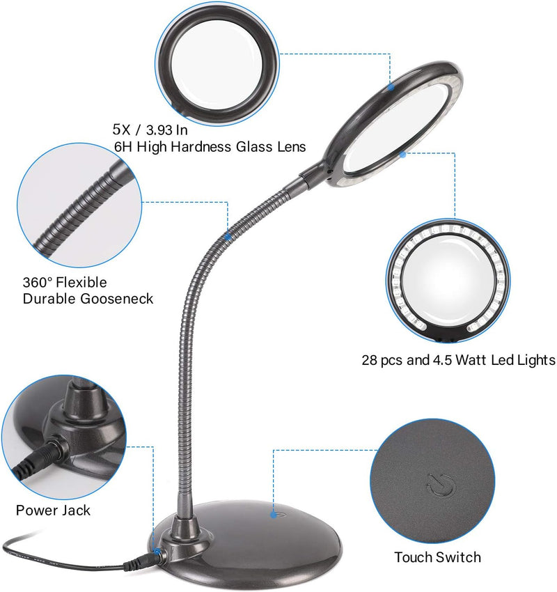 5x Lupe Mit Licht und StäNder, Wiederaufladbare, Dimmbare Led-Lupe, Tischlupe Mit Led-Beleuchtung Fü