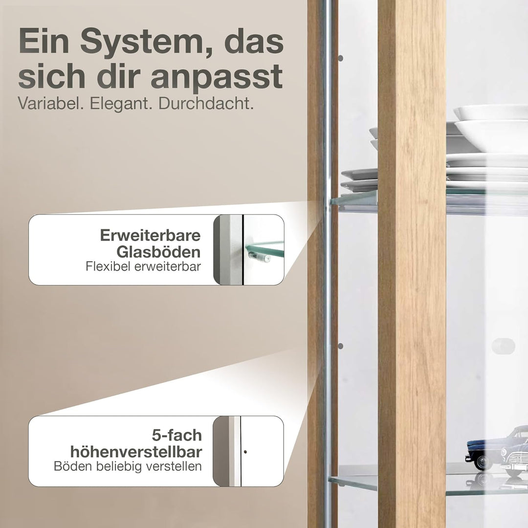 K-Möbel Hängevitrine in Buche (80x60x25 cm) mit 2 höhenverstellbaren Glasböden, Spiegel & LED - Mode