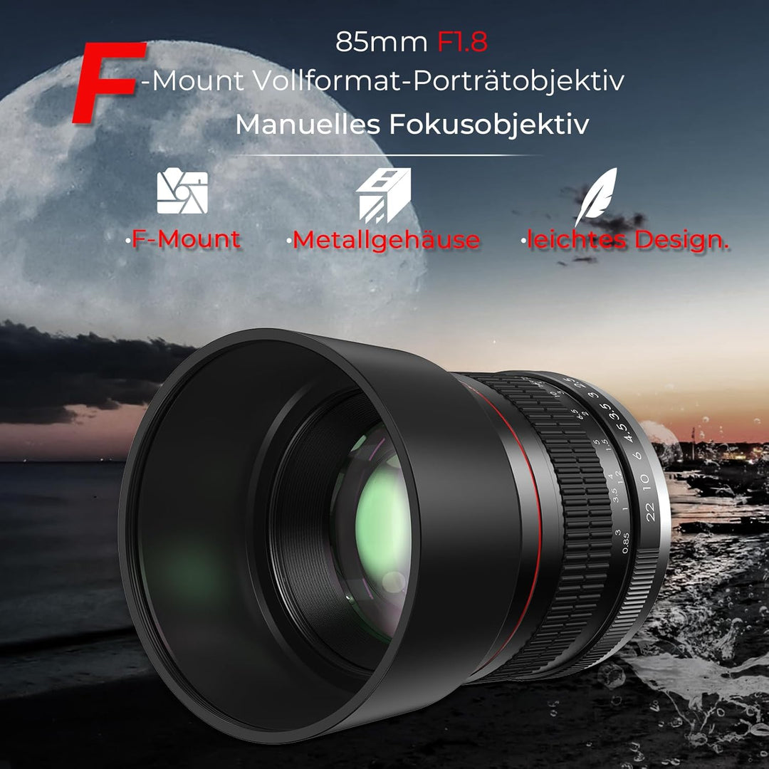 Lightdow F 85mm F1.8 Manuelles Objektiv, für Nikon F Mount Porträtobjektiv, Vollformat und APS-C, Le
