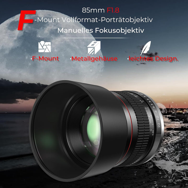 Lightdow F 85mm F1.8 Manuelles Objektiv, für Nikon F Mount Porträtobjektiv, Vollformat und APS-C, Le