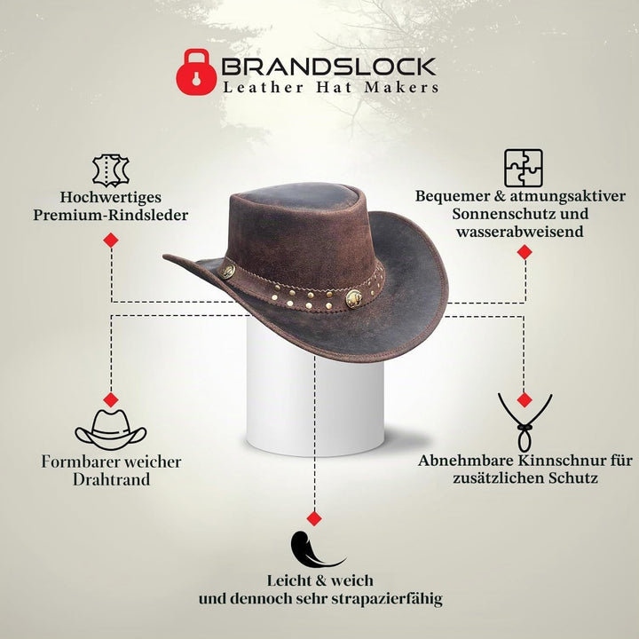 BRANDSLOCK Cowboyhut aus Leder für Herren, handgefertigt, formbar, breite Krempe, langlebig, Cowgirl
