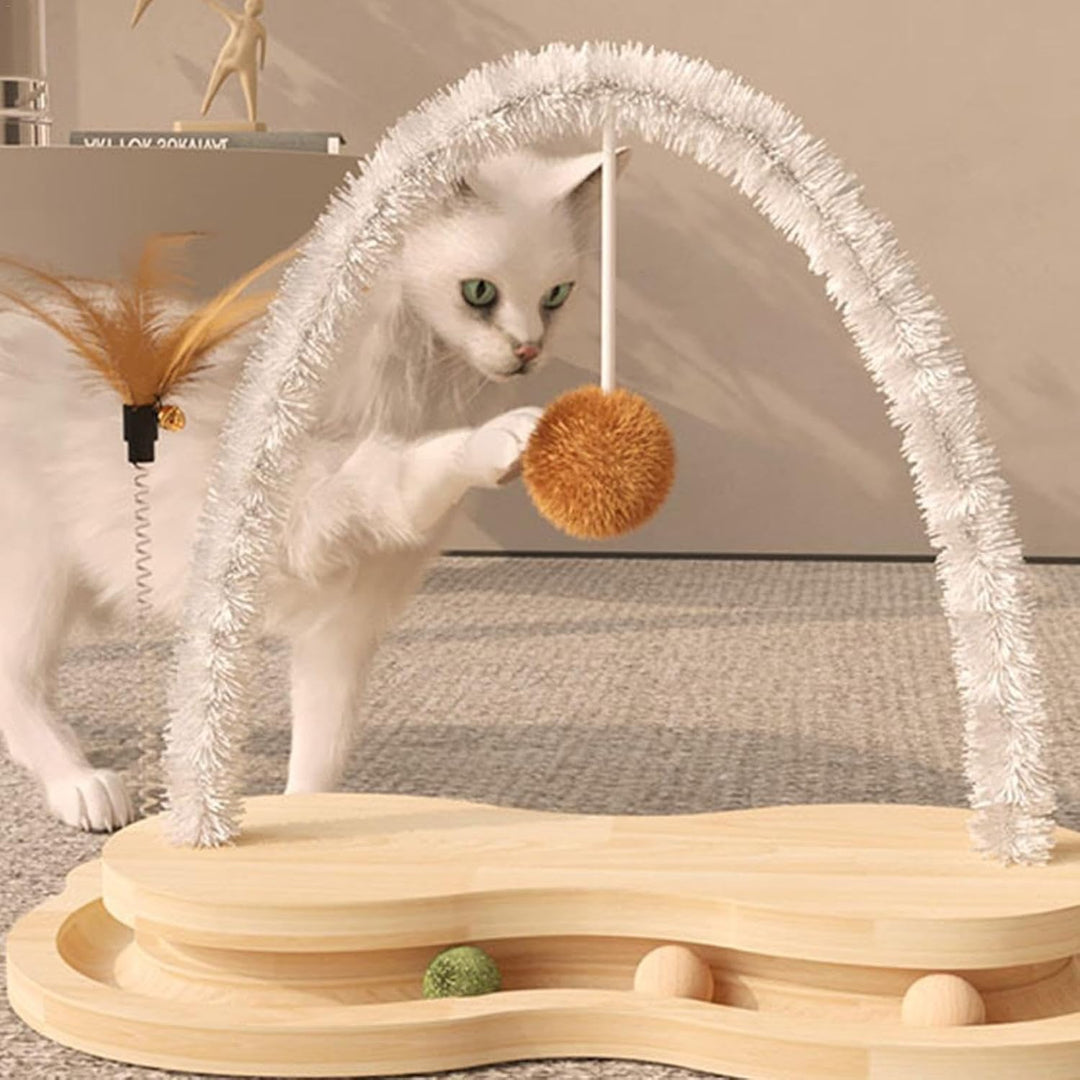 Katzenkratzer-Spielzeugball, Katzenkratzer mit Ball - Holzbogen-Katzenfederspielzeug mit drehbarem D