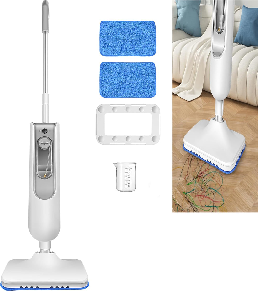 2 in 1 Dampfreiniger inkl. Reinigungsaufsätze & 2 Ersatzpads - Dampfbesen & Handdampfreiniger - elek