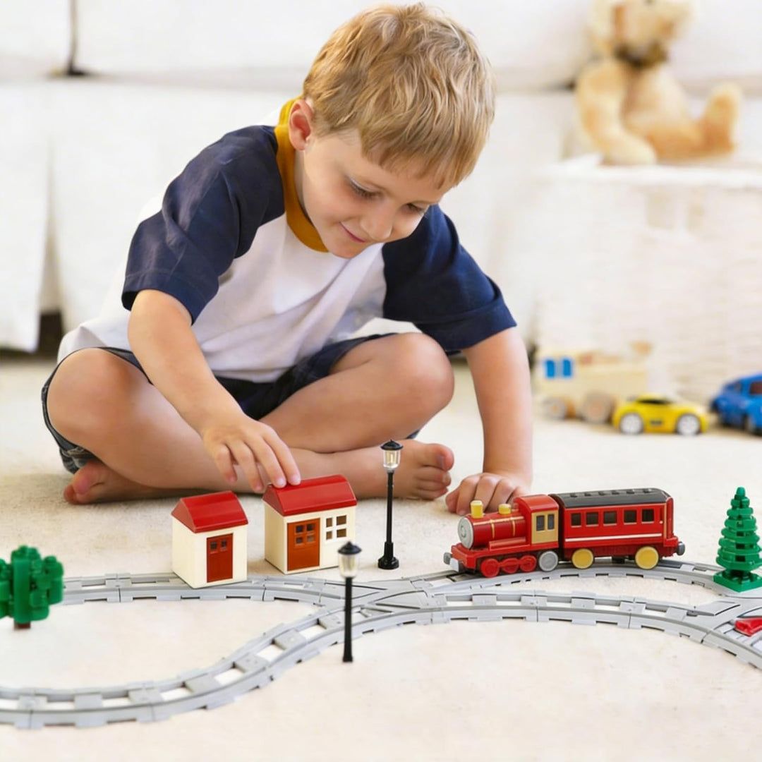32pcs Bausteine Zug Schienen Set, City Zug Schienen Set mit Aufbewahrungstasche, Eisenbahn Erweiteru
