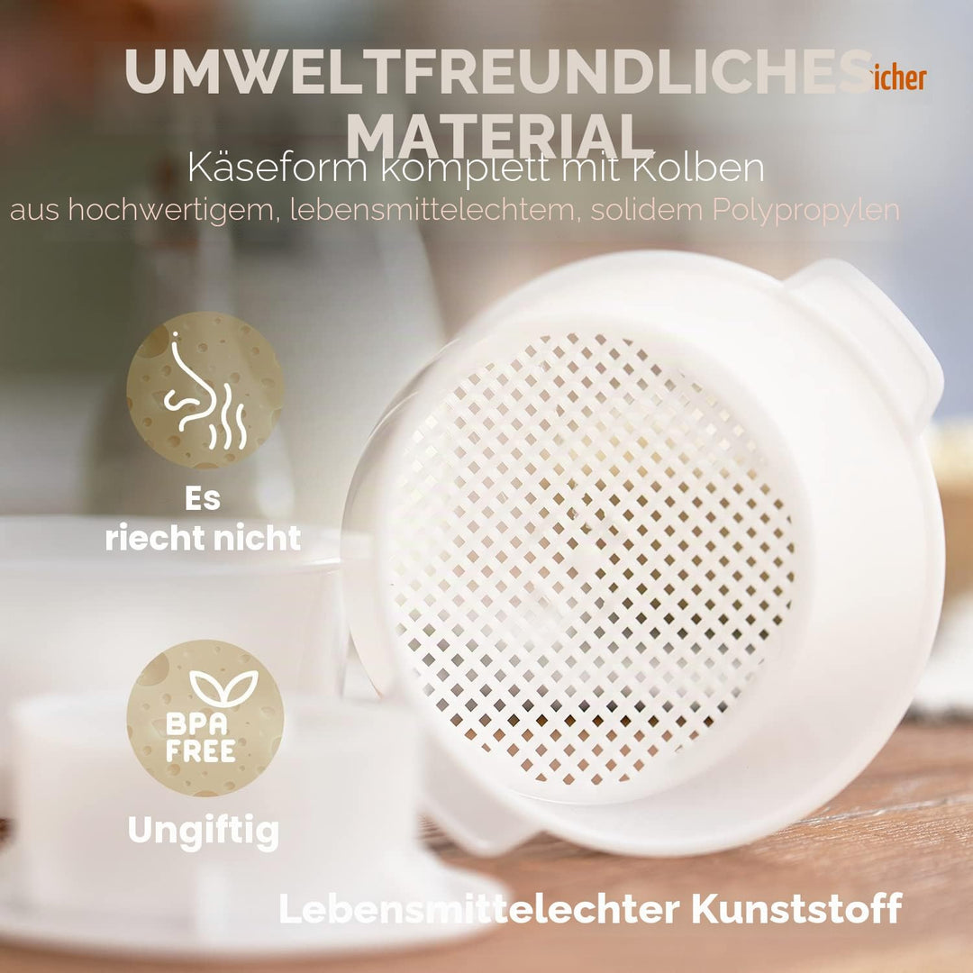 2 Käseformen mit Kolben 1,2 l und Käsetuch – Käseherstellungsset – Käseherstellungszubehör – Käseher