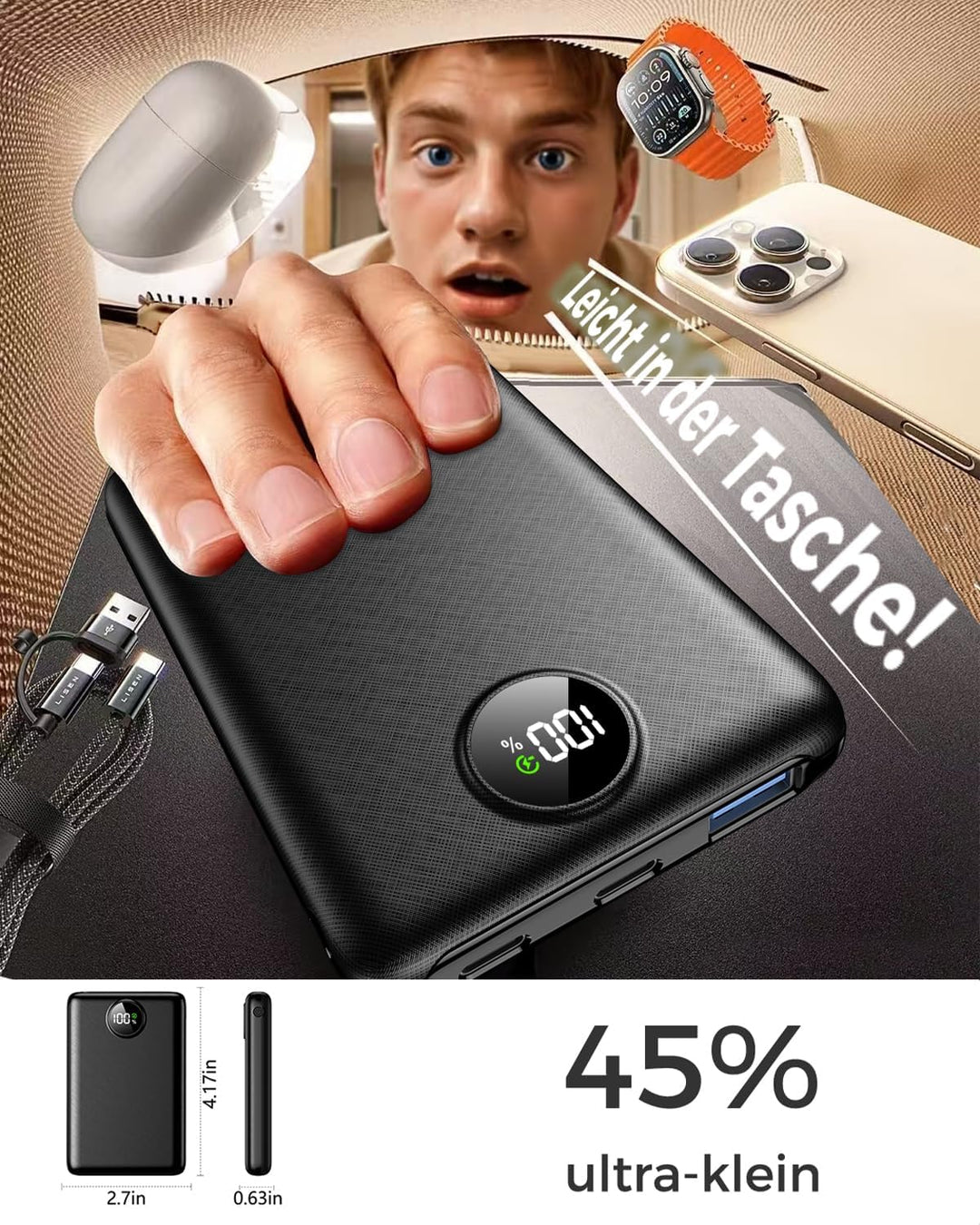 Power Bank 20000mAh, 22.5 W Mini PowerBank USB-C Input & Output, PD 3.0 QC 3.0 External Mobile Phone