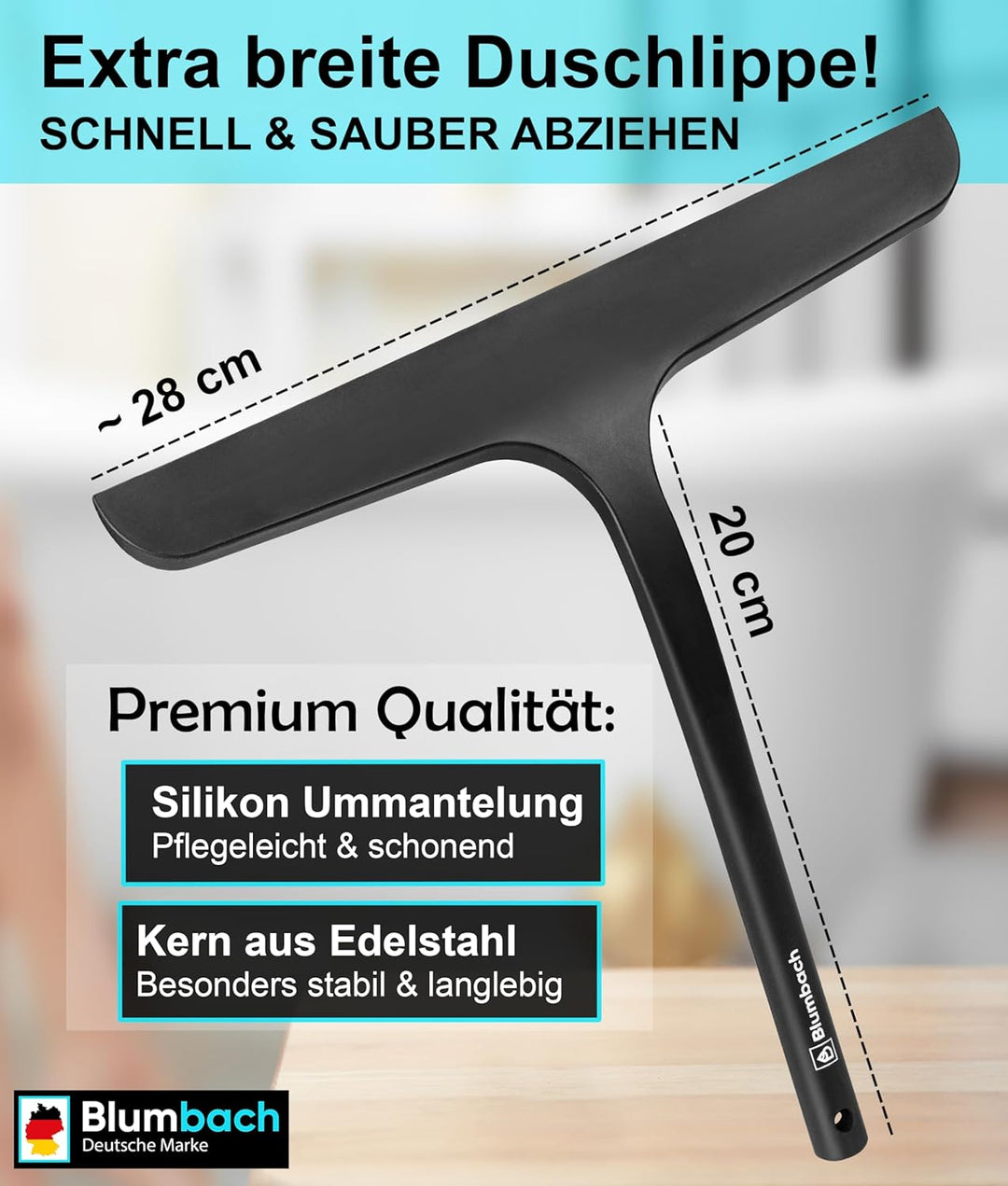 Duschabzieher schwarz, BLUMBACH® Abzieher Dusche mit Halterung 28 cm breit, Fensterabzieher Silikon