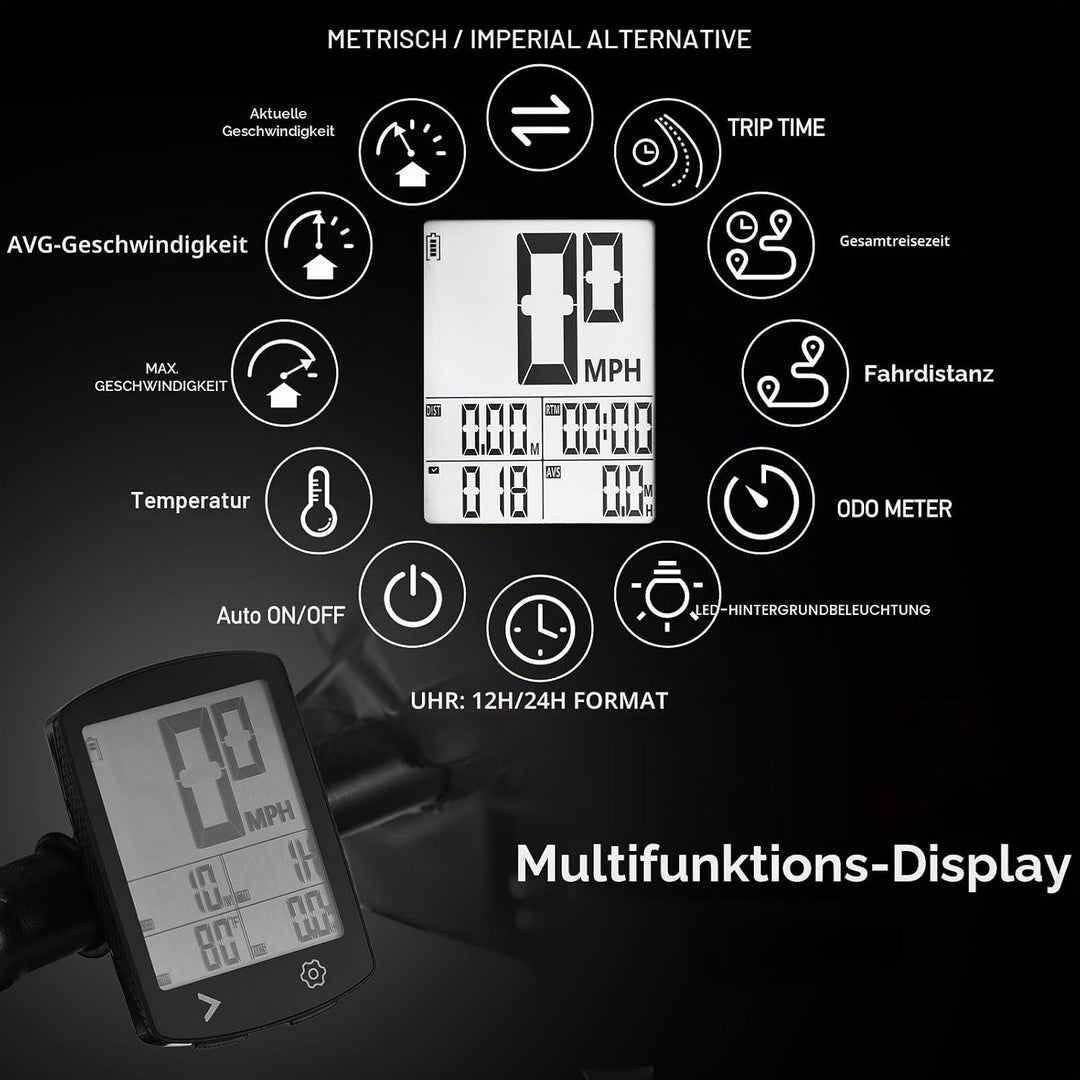 Fahrradcomputer Kabellos, Multifunktional Fahrradtacho Kilometerzähler mit 3,0 Zoll HD LCD Bildschir
