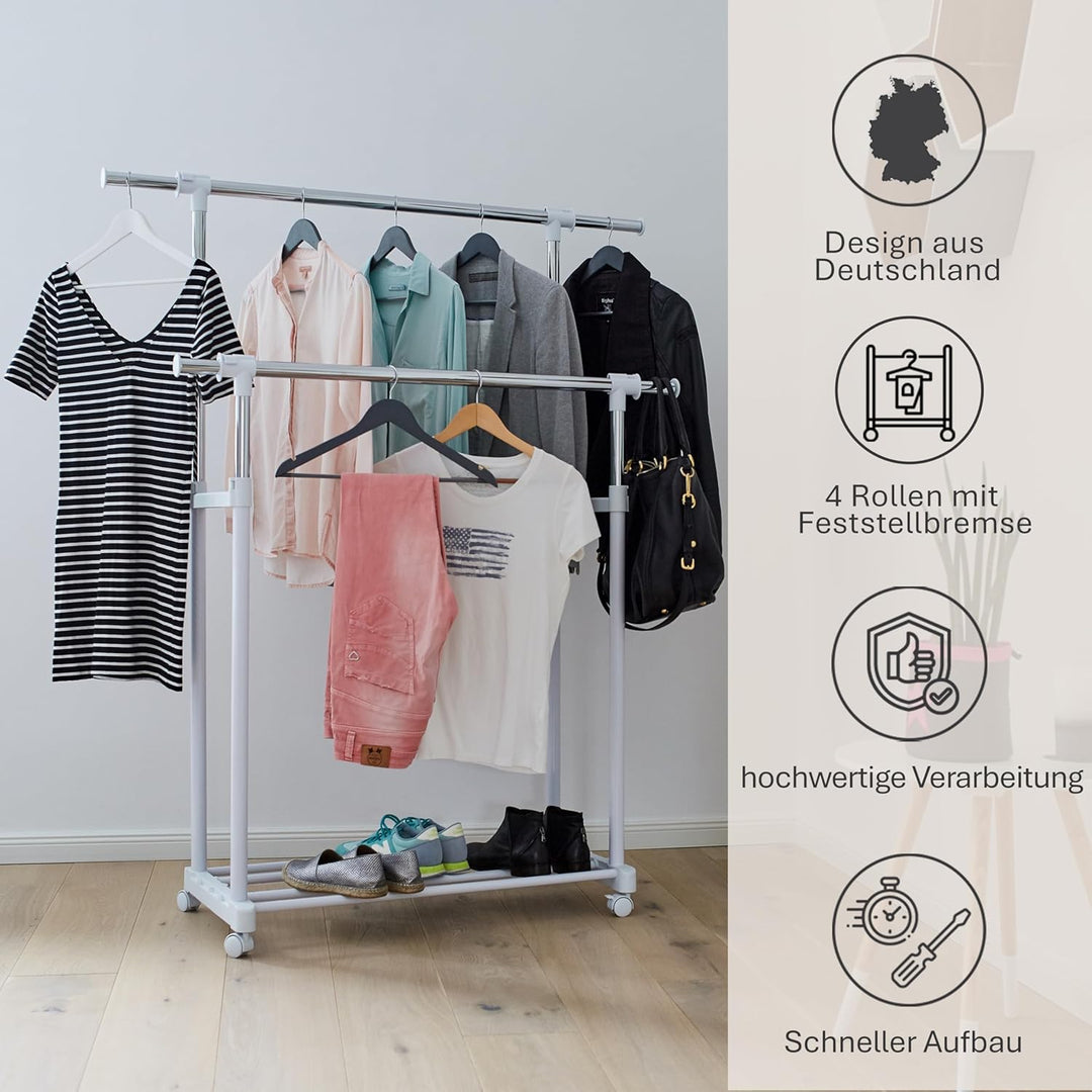 LOVE IT STORE IT Kleiderständer auf Rollen - Doppelte höhenverstellbare Kleiderstange - Stabil und s