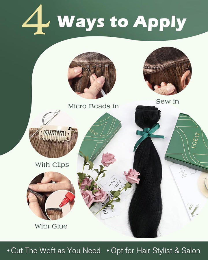 Ugeat Tressen Echthaar Extensions 35cm Schwarz Unsichtbar Echthaar Tressen zum Einnähen Schwarz #1 E