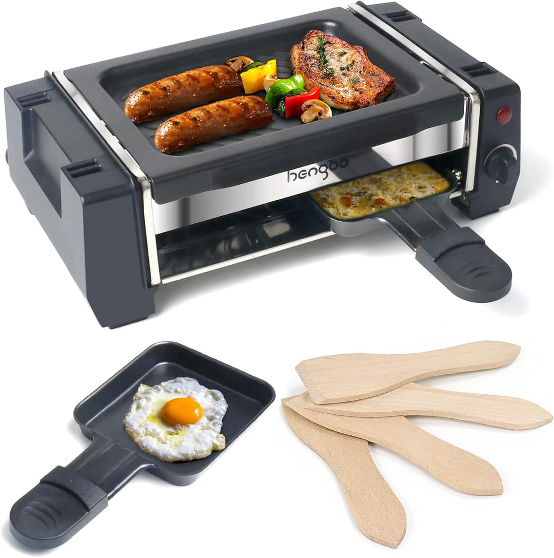 HengBO Mini Raclette, Raclette Grill für 1 bis 2 Personen, Antihaftbeschichteten Grillplatte, 2 Pfan