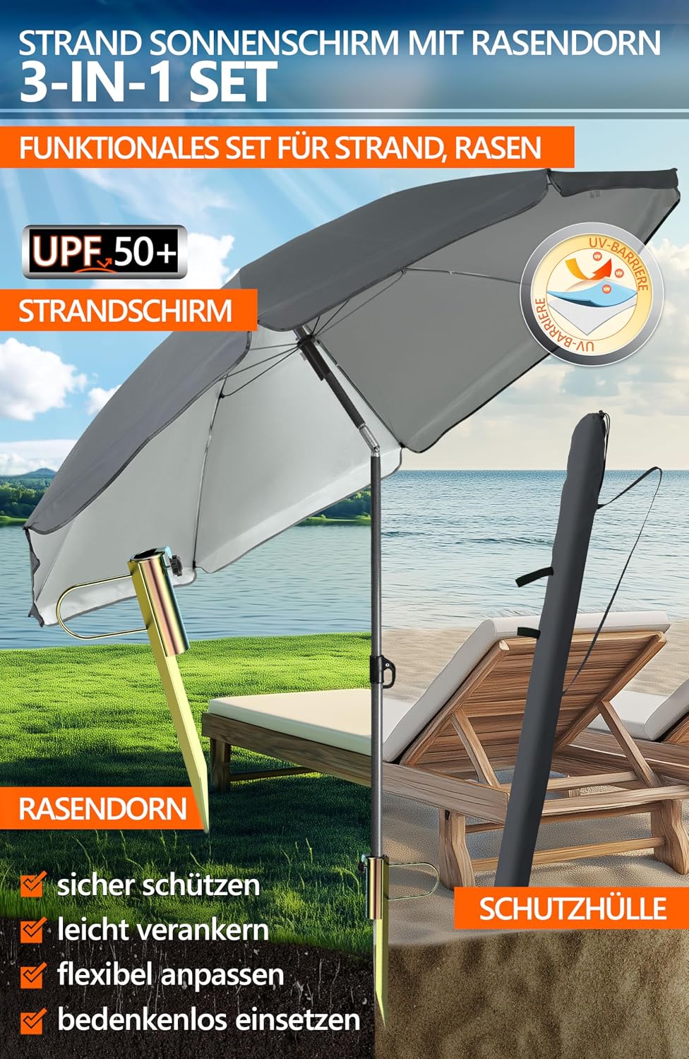 4smile Sonnenschirm Strand Ø 200 cm, 3-in-1 SET mit Rasendorn, Anthrazit | Strandschirm windfest sta
