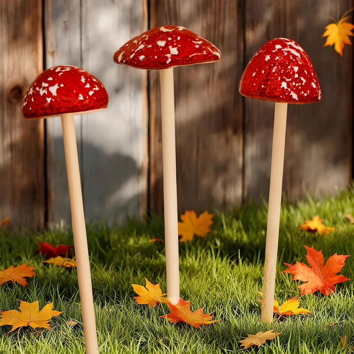 Spetebo Steingut Deko Pilz Gartenstecker 24 x 6 cm - 3er Set - Fliegenpilz Blumenstecker zur Herbstd