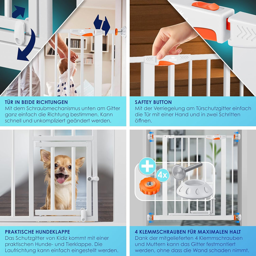 KIDIZ® Türschutzgitter Absperrgitter Treppengitter Kindergitter | mit Türe für Hunde und Katzen, Hau
