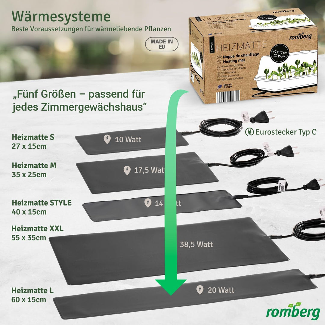 Romberg Heizmatte für Pflanzenanzucht, Grösse S (60 × 15 cm), 20 W, IP67 wasserdichte Pflanzenheizun