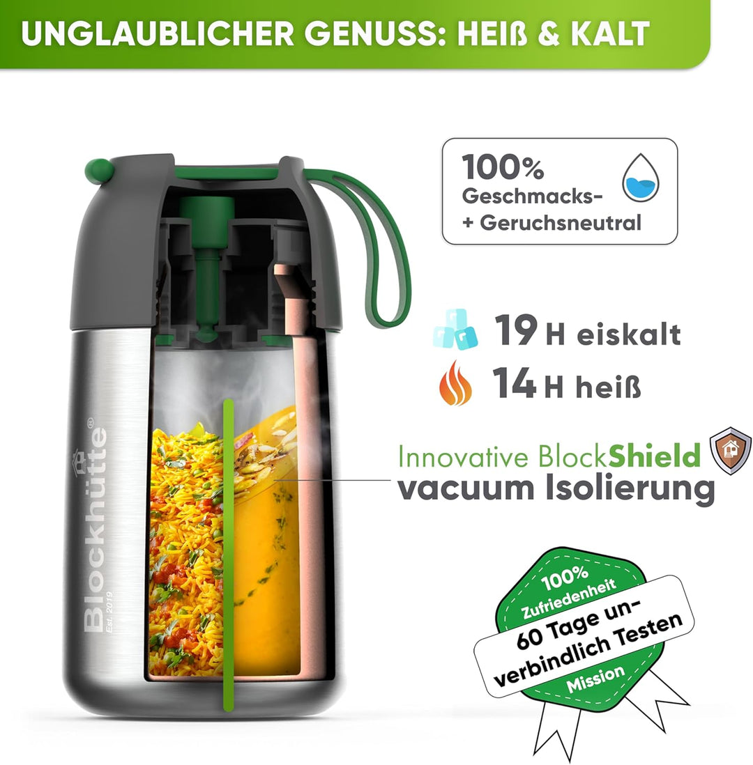 Blockhütte Edelstahl Thermobehälter für Essen I 1L I mit Spork, Bürste, Thermo Lunchbox für Kinder,
