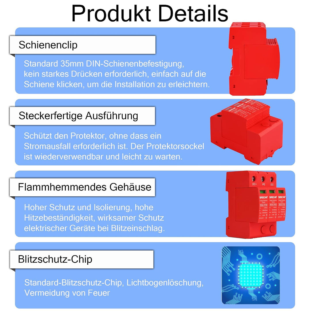 Warmfay Überspannungsschutz PV C (T2) 3P 20-40KA, 1000V DC Photovoltaic Lightning Protector Niedersp