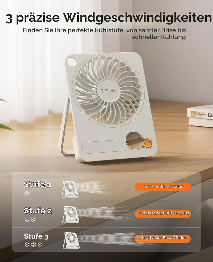 ORICO DoFan USB Tischventilator mit 3200 RPM, 3600mAh Akku &amp; LED Nachtlicht, 180° Flexibler Halterun