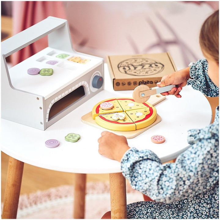 Mamabrum Holz Pizza-Backset mit Pizzaofen, Pizzastücke mit Klettverschluss, Zutaten-Scheiben, Spate